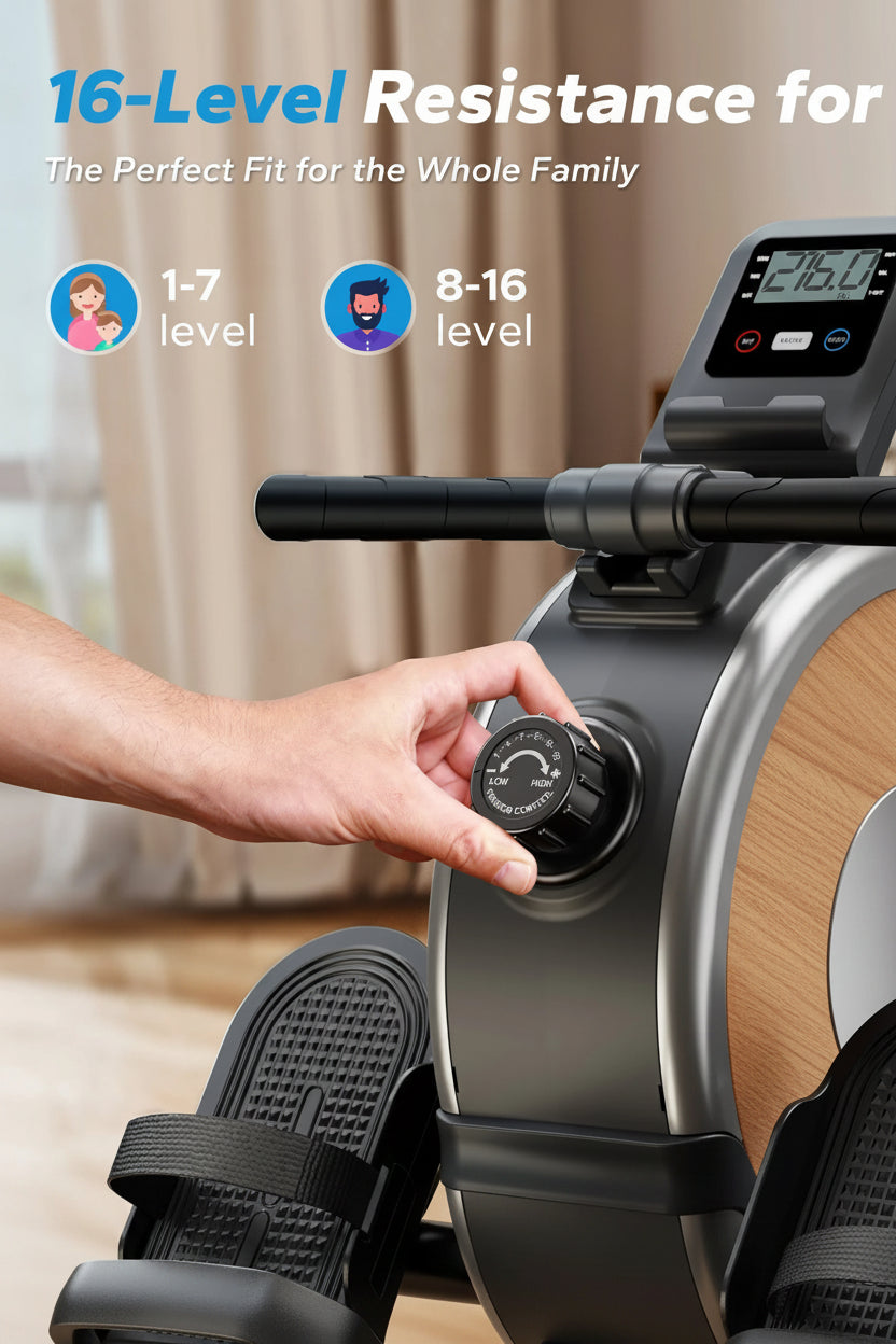 Magnetic Rowing Machine with 16 Resistance Levels Dual Rail Heavy Duty Home Fitness Rower