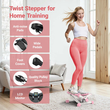 Portable Twist Stepper with Resistance Bands Heavy Duty Compact Cardio Trainer for Home Fitness - White/Pink