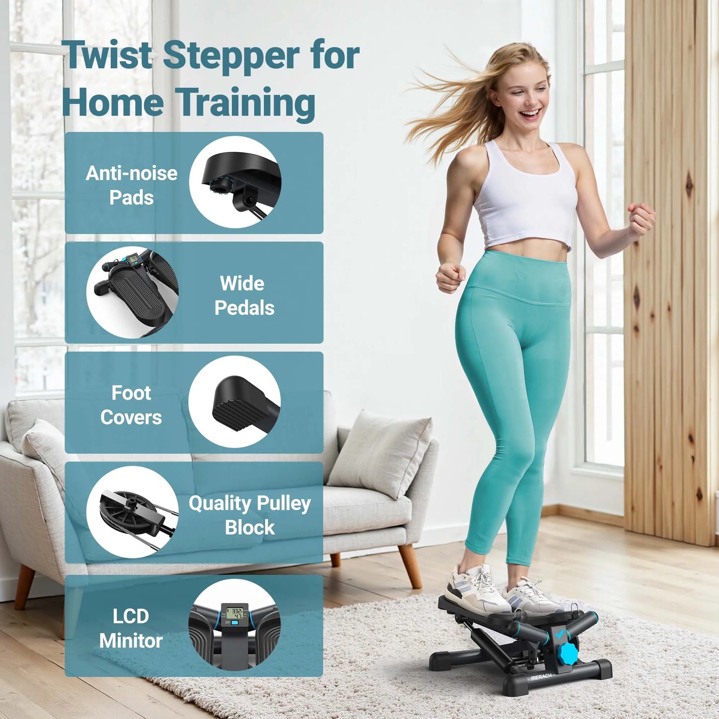 Portable Twist Stepper with Resistance Bands Heavy Duty Compact Cardio Trainer for Home Fitness - Black