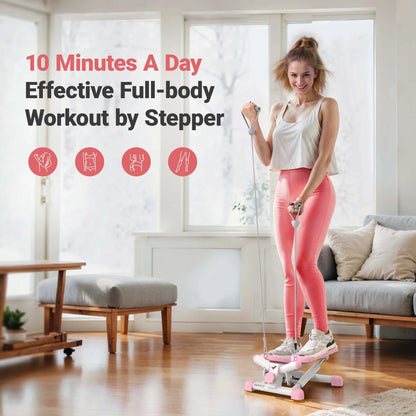 Portable Twist Stepper with Resistance Bands Heavy Duty Compact Cardio Trainer for Home Fitness - White/Pink