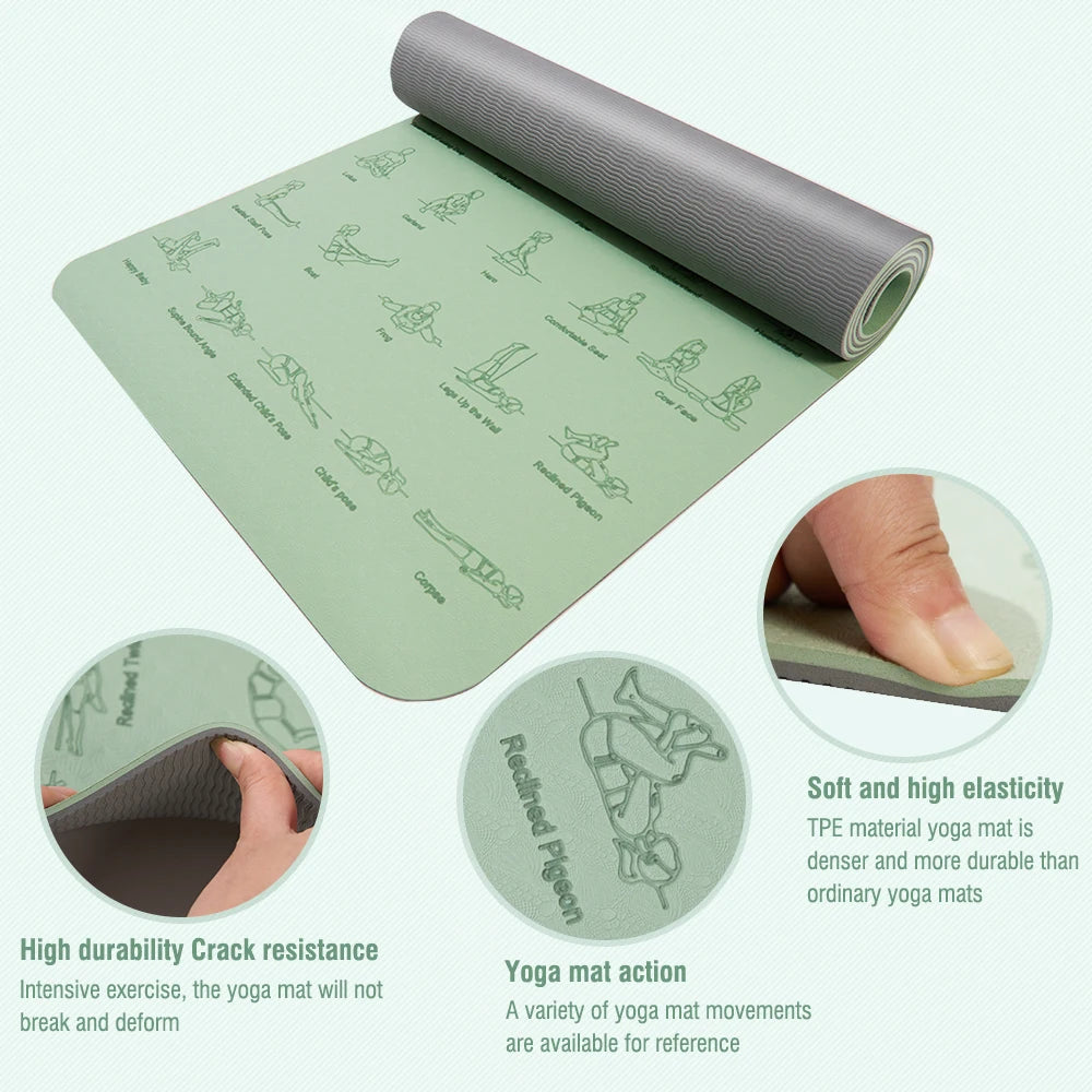 Non Slip TPE Yoga Mat 183x57cm 6mm Fitness Exercise Mat for Yoga Pilates and Stretching