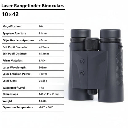 10x42 ED Lens Binoculars with Laser Rangefinder Magnesium Body IPX7 Waterproof 2400m Range
