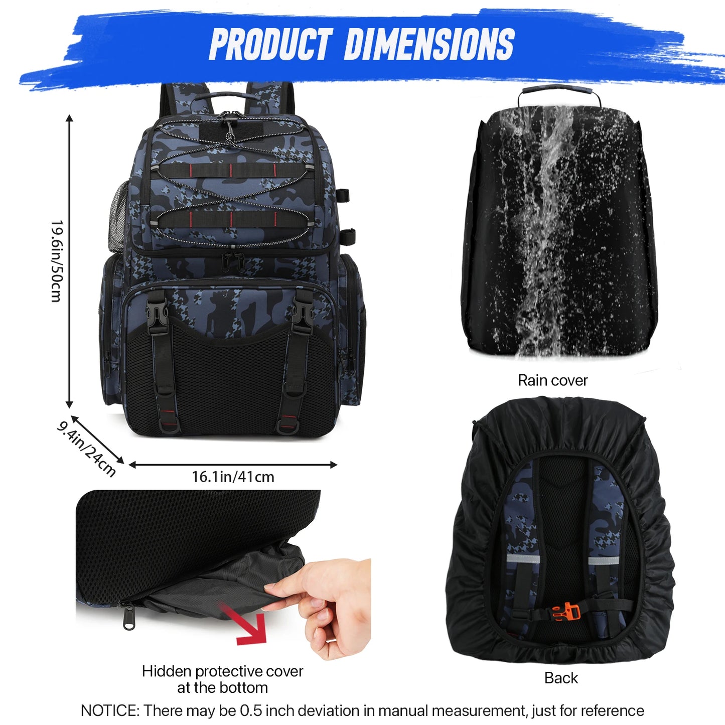 45L Fishing Backpack with Cooler Compartment Rod Holders and Rain Cover Outdoor Storage Bag