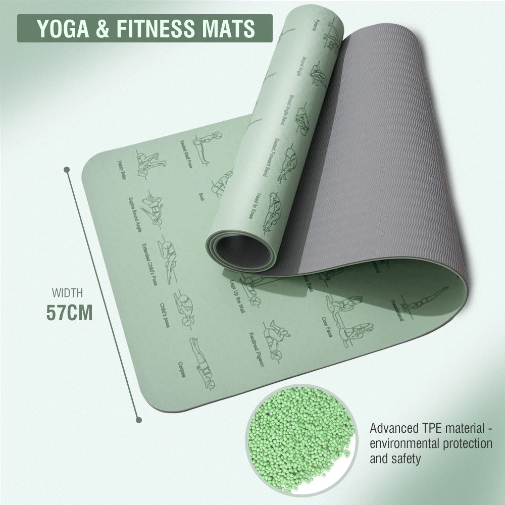 Non Slip TPE Yoga Mat 183x57cm 6mm Fitness Exercise Mat for Yoga Pilates and Stretching