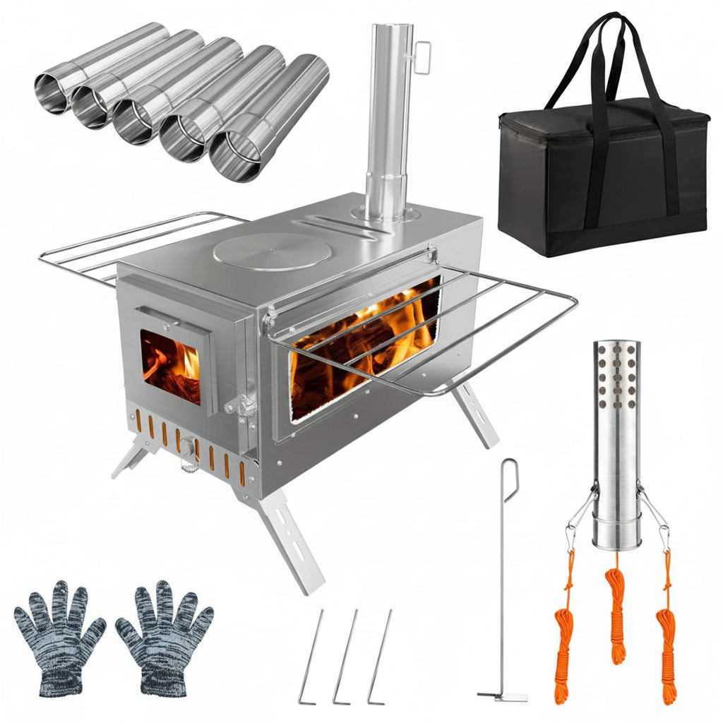 Portable Camping Wood Stove with Chimney Pipes Stainless Steel Outdoor Cooking and Utility Stove