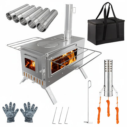 Portable Camping Wood Stove with Chimney Pipes Stainless Steel Outdoor Cooking and Utility Stove