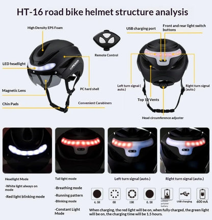 Smart Cycling Helmet with LED Lights Front and Rear Remote Control Urban Road Bike Helmet