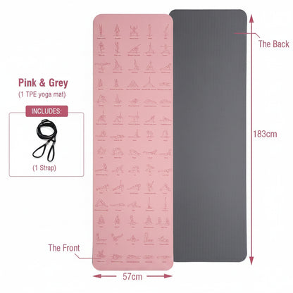 Non Slip TPE Yoga Mat 183x57cm 6mm Fitness Exercise Mat for Yoga Pilates and Stretching