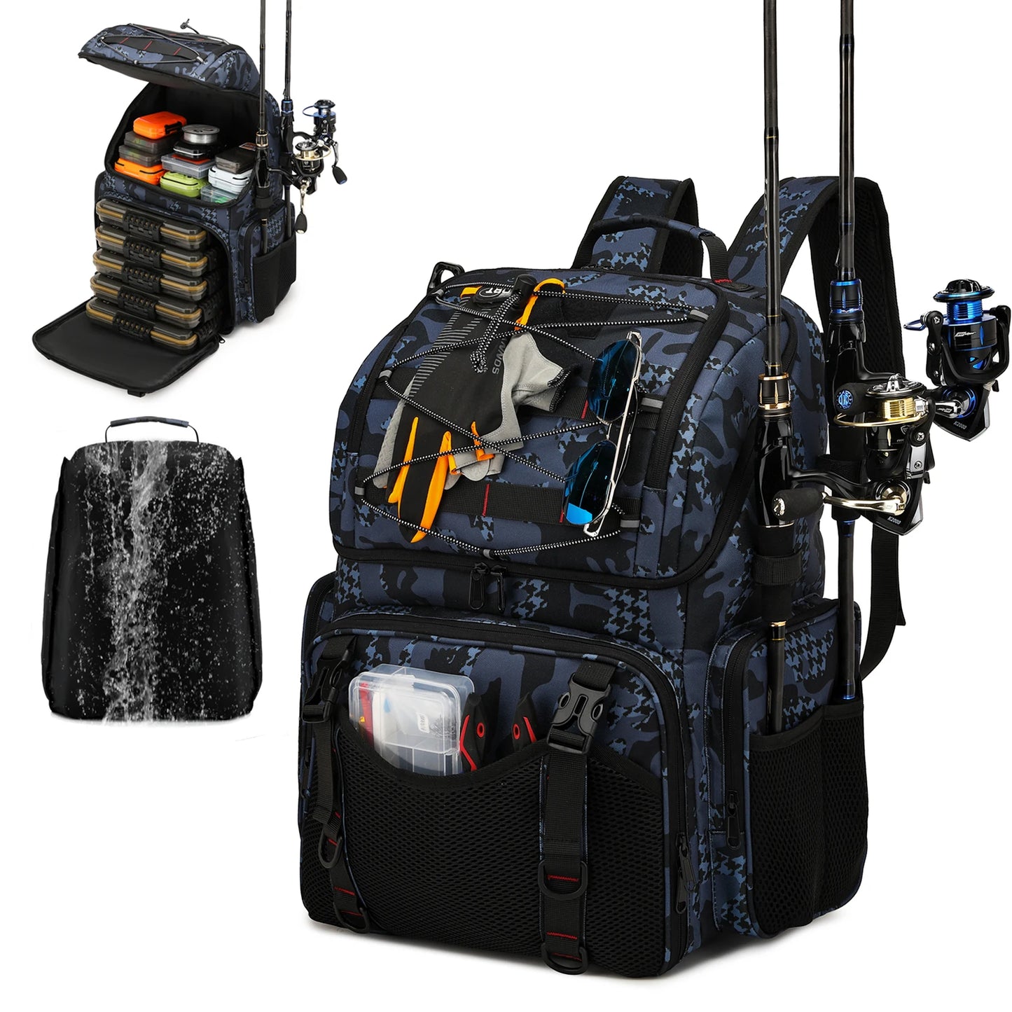 45L Fishing Backpack with Cooler Compartment Rod Holders and Rain Cover Outdoor Storage Bag
