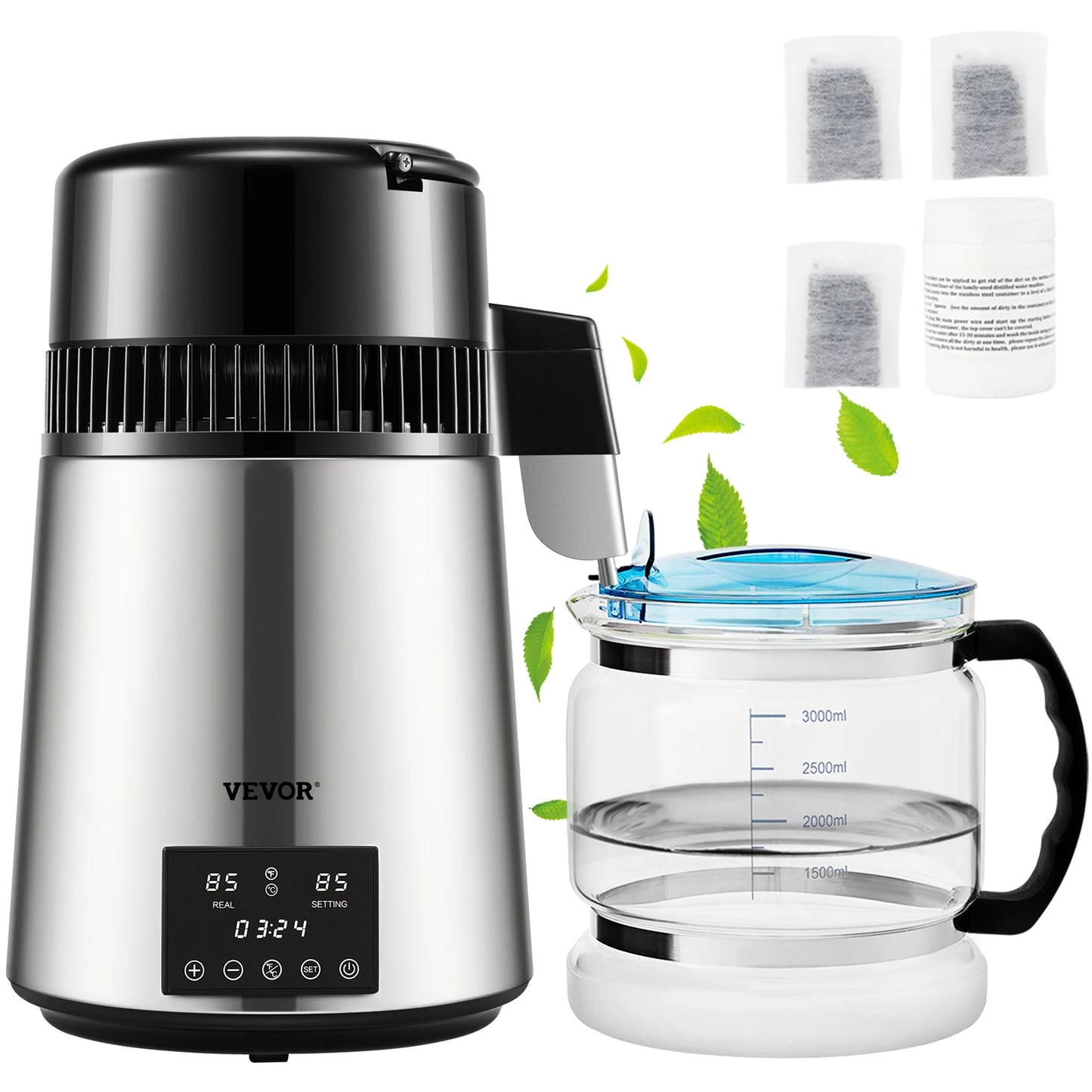 Electric Water Distiller 4L Stainless Steel with Glass Carafe Temperature Display Home Use