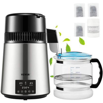 Electric Water Distiller 4L Stainless Steel with Glass Carafe Temperature Display Home Use