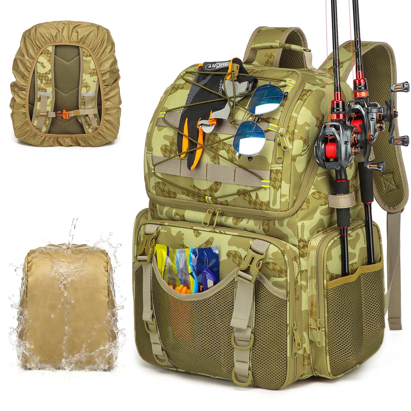 45L Fishing Backpack with Cooler Compartment Rod Holders and Rain Cover Outdoor Storage Bag