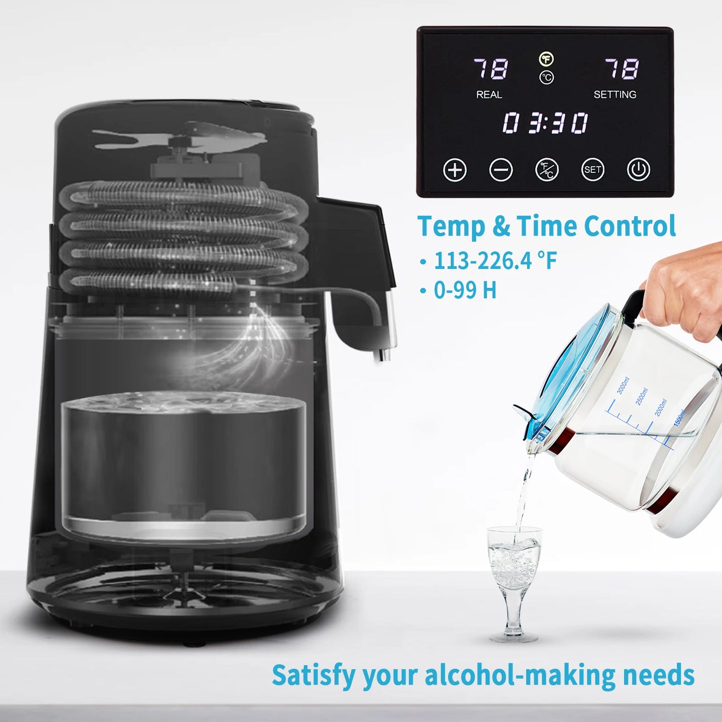Electric Water Distiller 4L Stainless Steel with Glass Carafe Temperature Display Home Use