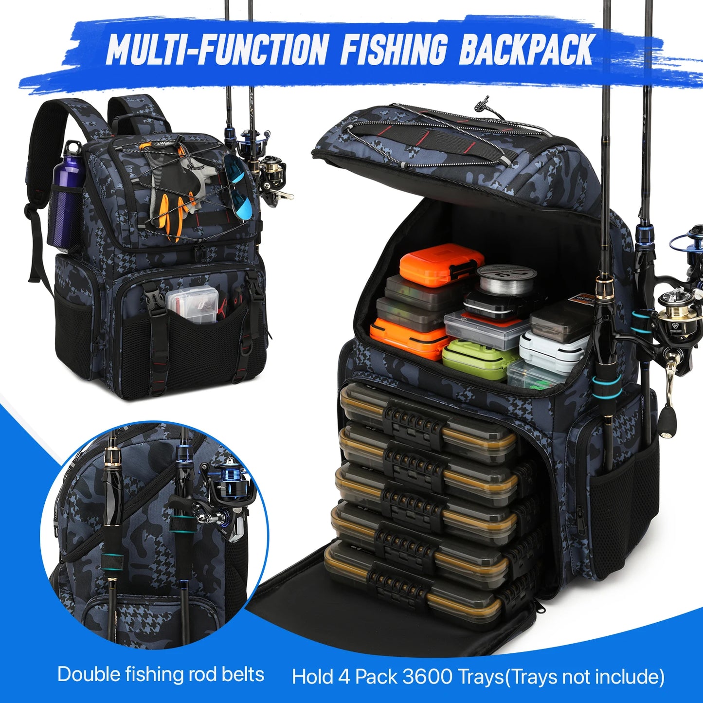45L Fishing Backpack with Cooler Compartment Rod Holders and Rain Cover Outdoor Storage Bag
