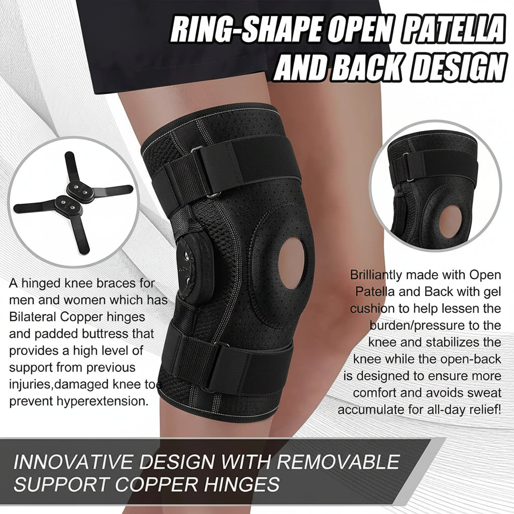 Adjustable Knee Brace with Hinged Support and Stabilizers for Training and Daily Activity