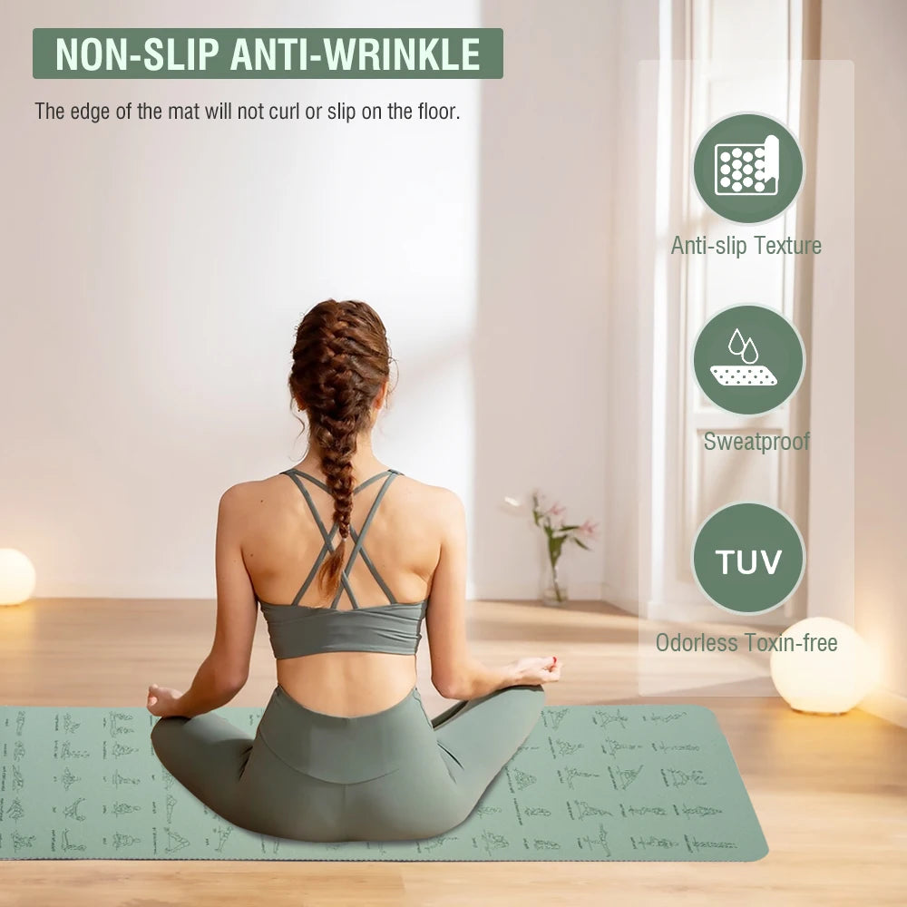 Non Slip TPE Yoga Mat 183x57cm 6mm Fitness Exercise Mat for Yoga Pilates and Stretching