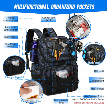 45L Fishing Backpack with Cooler Compartment Rod Holders and Rain Cover Outdoor Storage Bag