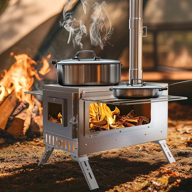 Portable Camping Wood Stove with Chimney Pipes Stainless Steel Outdoor Cooking and Utility Stove