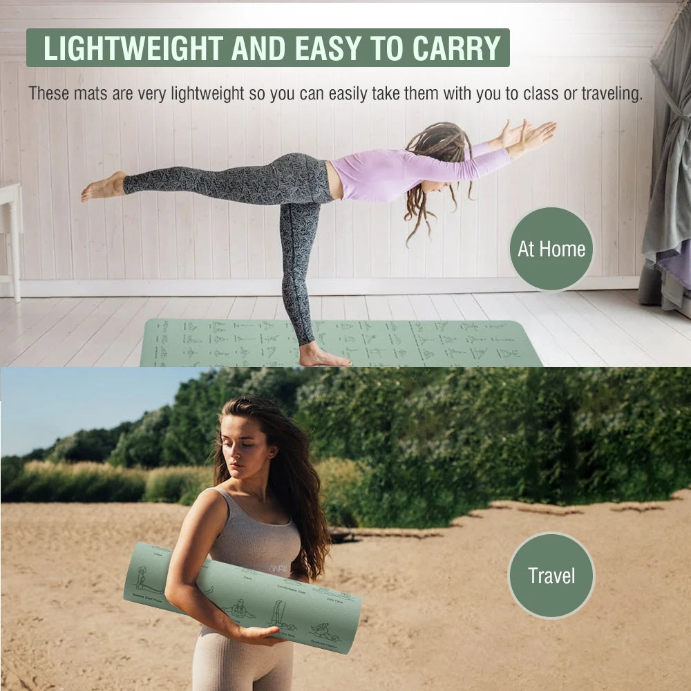 Non Slip TPE Yoga Mat 183x57cm 6mm Fitness Exercise Mat for Yoga Pilates and Stretching