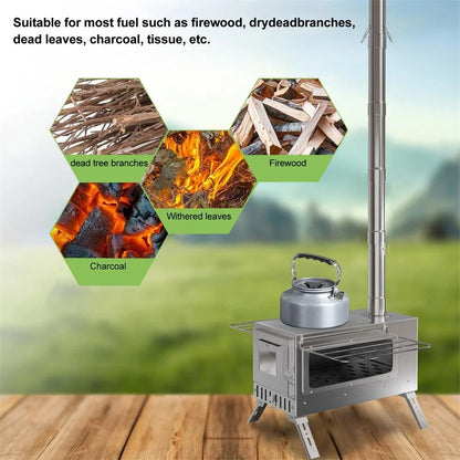 Portable Camping Wood Stove with Chimney Pipes Stainless Steel Outdoor Cooking and Utility Stove
