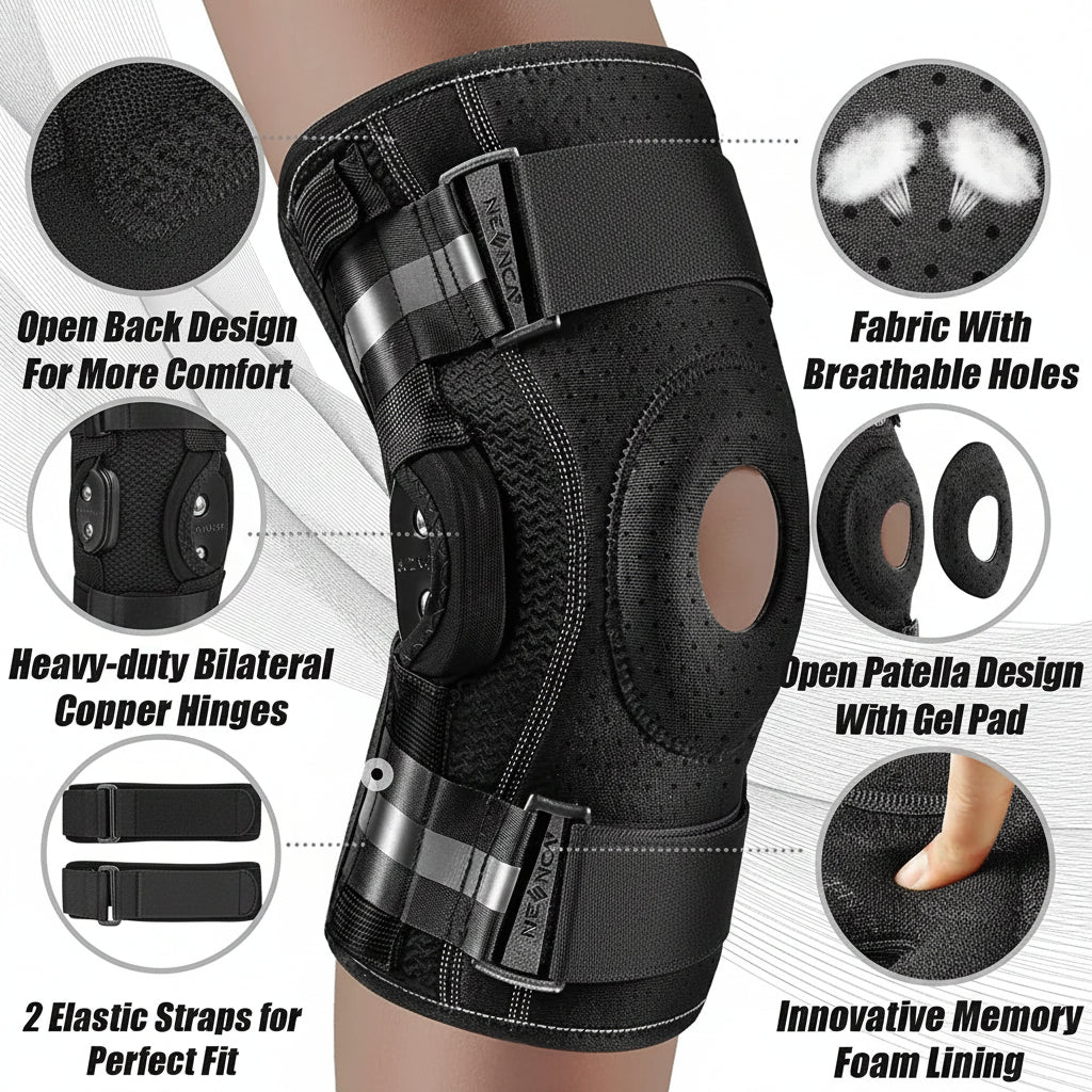 Adjustable Knee Brace with Hinged Support and Stabilizers for Training and Daily Activity