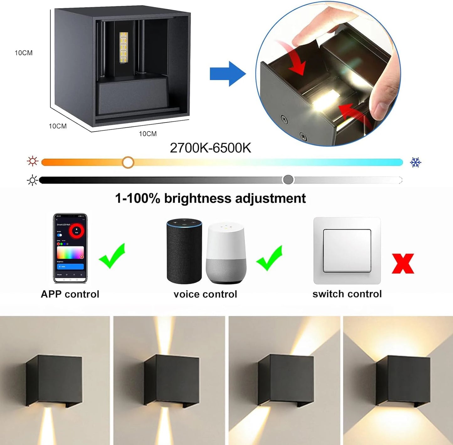 Smart LED Wall Light RGBCW Waterproof IP65 App Control Dimmable Lamp for indoor and outdoor