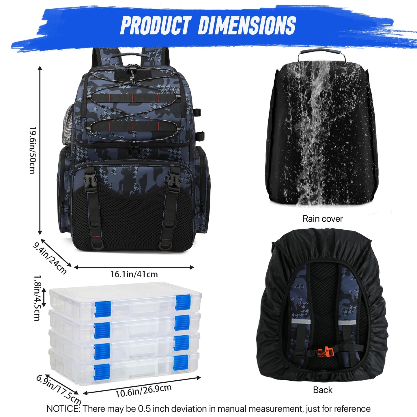 45L Fishing Backpack with Cooler Compartment Rod Holders and Rain Cover Outdoor Storage Bag