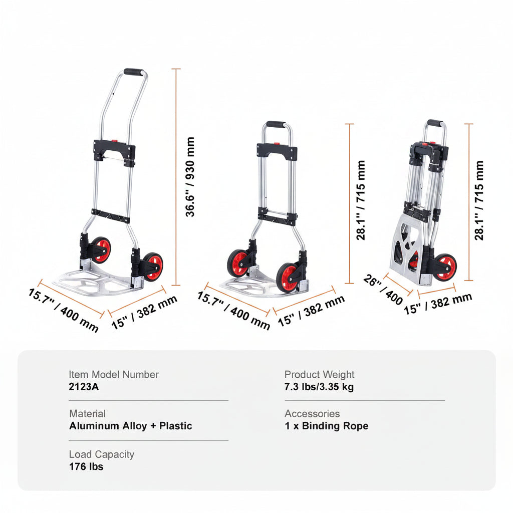 Heavy Duty Folding Hand Truck Cart 80kg Capacity Aluminum Trolley for Shopping and Transport