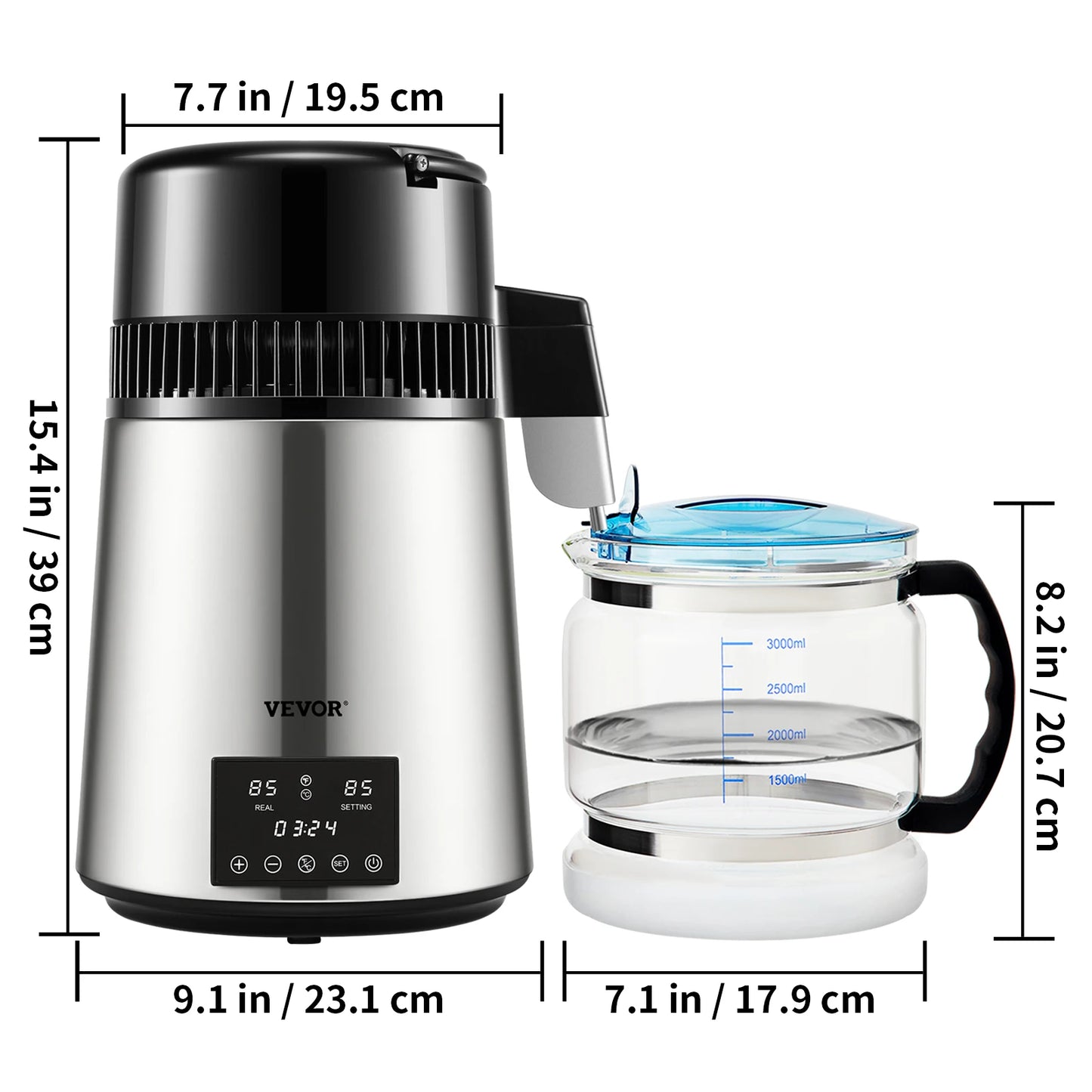 Electric Water Distiller 4L Stainless Steel with Glass Carafe Temperature Display Home Use