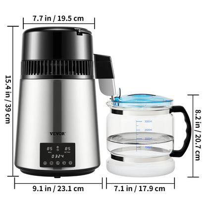Electric Water Distiller 4L Stainless Steel with Glass Carafe Temperature Display Home Use