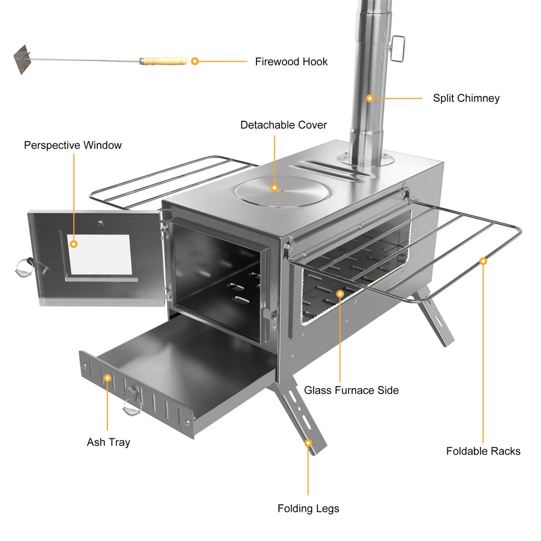 Portable Camping Wood Stove with Chimney Pipes Stainless Steel Outdoor Cooking and Utility Stove