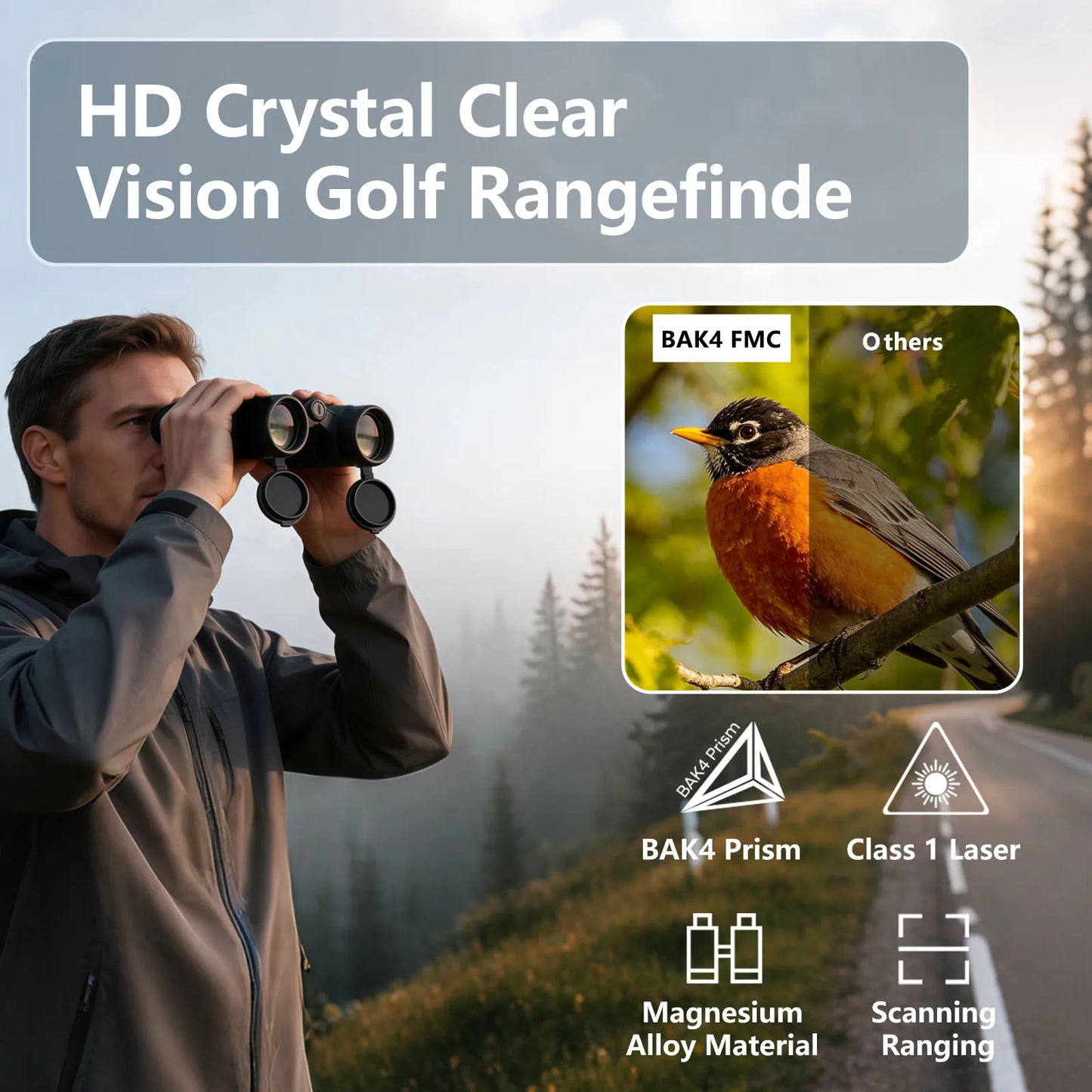 10x42 ED Lens Binoculars with Laser Rangefinder Magnesium Body IPX7 Waterproof 2400m Range