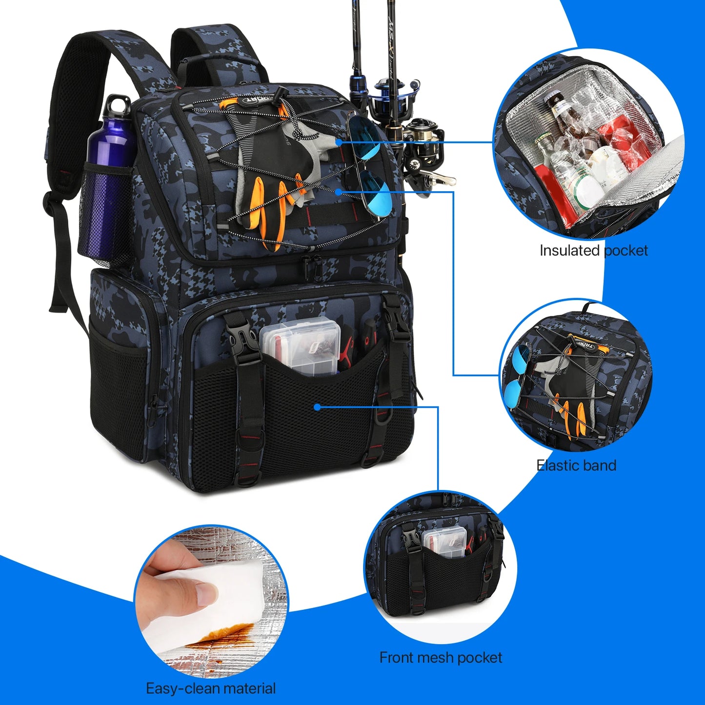 45L Fishing Backpack with Cooler Compartment Rod Holders and Rain Cover Outdoor Storage Bag