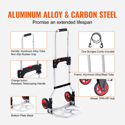 Heavy Duty Folding Hand Truck Cart 80kg Capacity Aluminum Trolley for Shopping and Transport