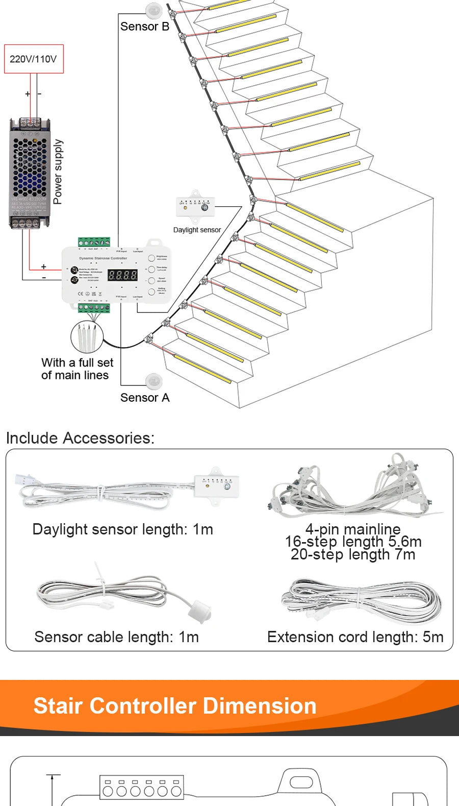 17 Step Motion Sensor LED Stair Light Kit with COB Strip Remote Control Indoor Staircase Lighting