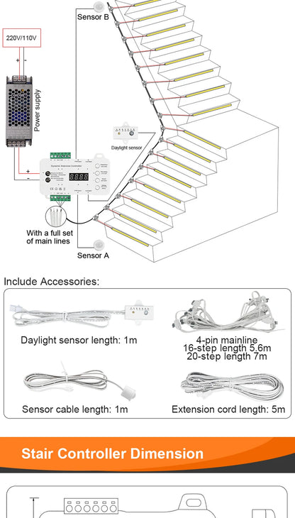 17 Step Motion Sensor LED Stair Light Kit with COB Strip Remote Control Indoor Staircase Lighting