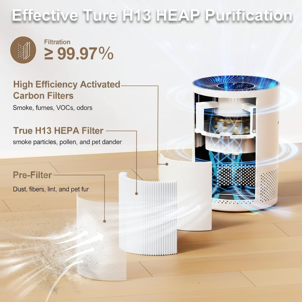 Compact Air Purifier H13 HEPA with Odor Filter PM2.5 Detection Low Noise for Home Use