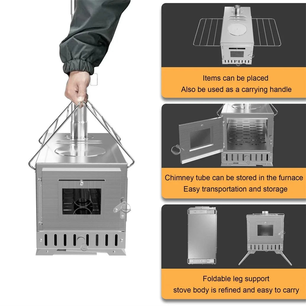 Portable Camping Wood Stove with Chimney Pipes Stainless Steel Outdoor Cooking and Utility Stove