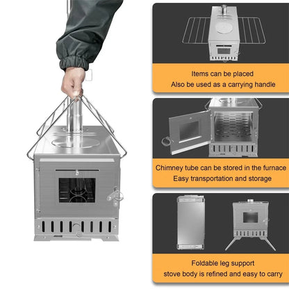 Portable Camping Wood Stove with Chimney Pipes Stainless Steel Outdoor Cooking and Utility Stove