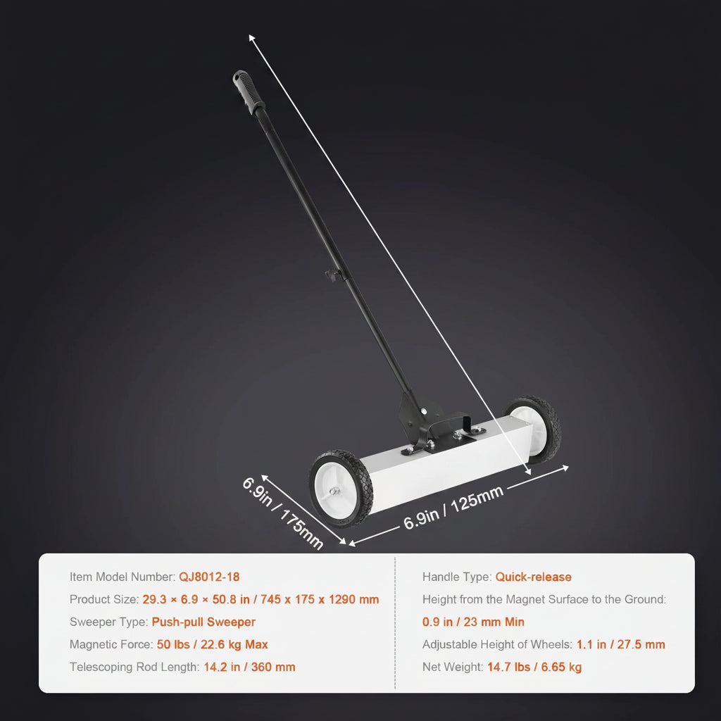 Portable Magnetic Sweeper on Wheels Telescopic Handle Metal Debris Pickup Tool for Outdoor Use