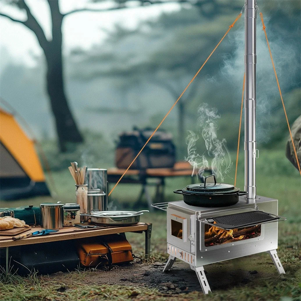 Portable Camping Wood Stove with Chimney Pipes Stainless Steel Outdoor Cooking and Utility Stove
